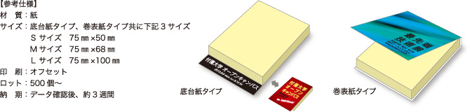 セミオーダーふせん【参考仕様】材質：紙/サイズ：底台紙タイプ、巻表紙タイプ共に下記3サイズ Sサイズ　75mm×50mm Mサイズ　75mm×68mm Lサイズ　75mm×100mm/印刷：オフセット/ロット：500個～/納期：データ確認後、約3週間　底台紙タイプ　巻表紙タイプ