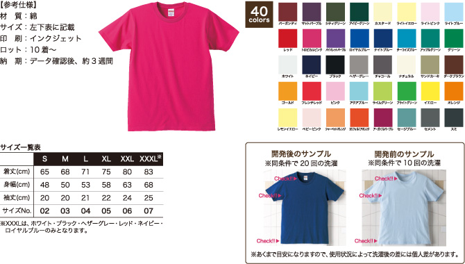Tシャツ（5.0oz）【参考仕様】材質：綿/サイズ：左下表に記載/印刷：インクジェット/ロット：10着～/納期：データ確認後、約3週間